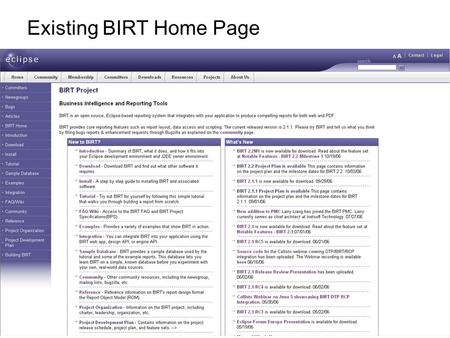 Existing BIRT Home Page. Proposed BIRT Home Page.