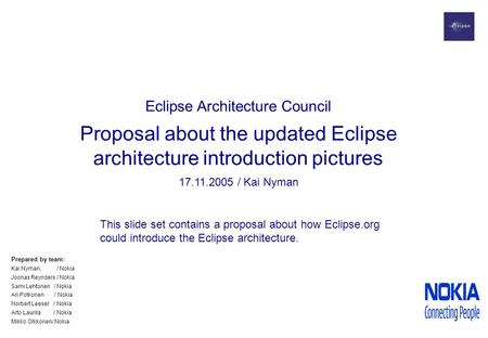 Eclipse Architecture Council Proposal about the updated Eclipse architecture introduction pictures 17.11.2005 / Kai Nyman This slide set contains a proposal.