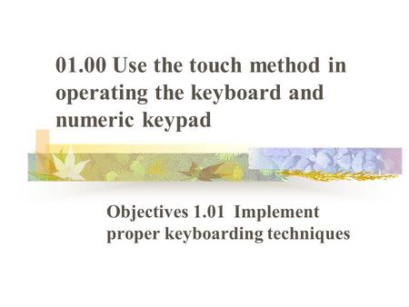 01.00 Use the touch method in operating the keyboard and numeric keypad Objectives 1.01 Implement proper keyboarding techniques.