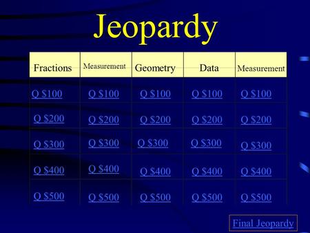 Jeopardy Fractions Measurement GeometryData Measurement Q $100 Q $200 Q $300 Q $400 Q $500 Q $100 Q $200 Q $300 Q $400 Q $500 Final Jeopardy.