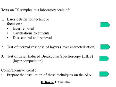 Tests on TS samples at a laboratory scale of: 1.Laser detritiation technique focus on : layer removal Castellations treatments Dust control and removal.