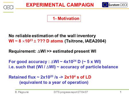 1B. PégouriéDITS progress report 27/04/07 Euratom EXPERIMENTAL CAMPAIGN No reliable estimation of the wall inventory WI ~ 8 10 23 ??? D atoms (Tsitrone,
