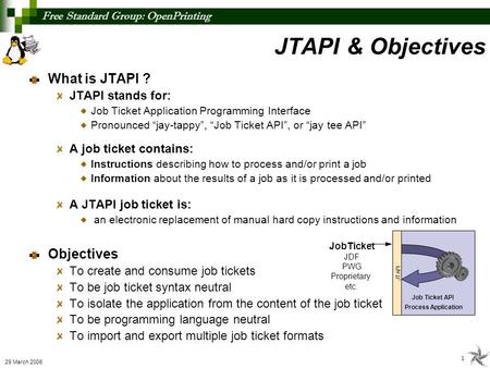 Free Standard Group: OpenPrinting 1 29 March 2006 What is JTAPI ? JTAPI stands for: Job Ticket Application Programming Interface Pronounced jay-tappy,