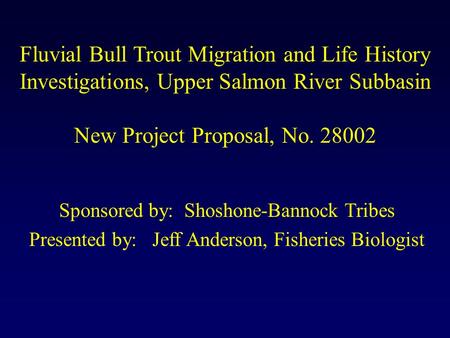 Fluvial Bull Trout Migration and Life History Investigations, Upper Salmon River Subbasin New Project Proposal, No. 28002 Sponsored by: Shoshone-Bannock.