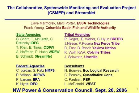 1 The Collaborative, Systemwide Monitoring and Evaluation Project (CSMEP) and StreamNet NW Power & Conservation Council, Sept. 20, 2006.