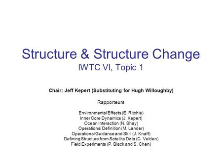 Structure & Structure Change IWTC VI, Topic 1 Chair: Jeff Kepert (Substituting for Hugh Willoughby) Rapporteurs Environmental Effects (E. Ritchie) Inner.