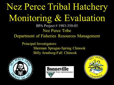 Principal Investigators: Sherman Sprague-Spring Chinook Billy Arnsberg-Fall Chinook Nez Perce Tribal Hatchery Monitoring & Evaluation BPA Project # 1983-350-03.