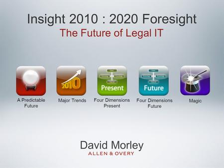 Insight 2010 : 2020 Foresight The Future of Legal IT A Predictable Future Major Trends Four Dimensions Present Four Dimensions Future Magic David Morley.