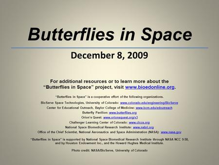 Butterflies in Space December 8, 2009 For additional resources or to learn more about the Butterflies in Space project, visit www.bioedonline.org.www.bioedonline.org.
