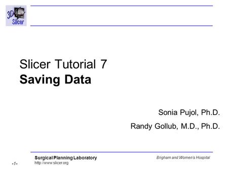 Surgical Planning Laboratory  -1- Brigham and Womens Hospital Slicer Tutorial 7 Saving Data Sonia Pujol, Ph.D. Randy Gollub, M.D.,