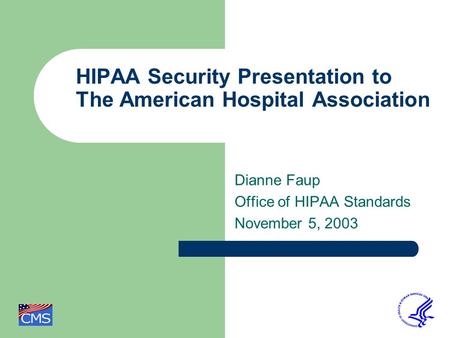 HIPAA Security Presentation to The American Hospital Association Dianne Faup Office of HIPAA Standards November 5, 2003.