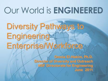 Diversity Pathways to Engineering Enterprise/Workforce Omnia El-Hakim, Ph.D. Director of Diversity and Outreach NSF Directorate for Engineering June 2011.