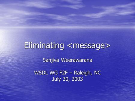 Eliminating Eliminating Sanjiva Weerawarana WSDL WG F2F – Raleigh, NC July 30, 2003.