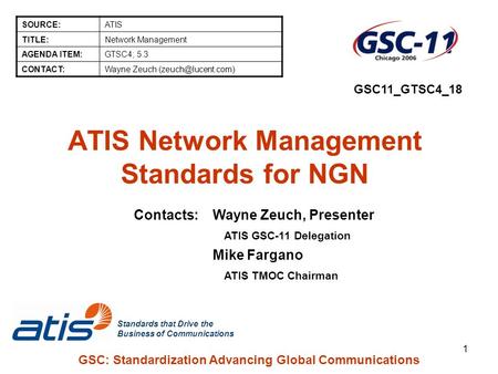 Standards that Drive the Business of Communications GSC: Standardization Advancing Global Communications 1 ATIS Network Management Standards for NGN SOURCE:ATIS.