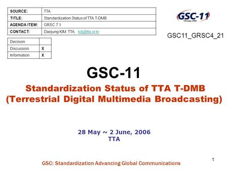 GSC: Standardization Advancing Global Communications 1 GSC-11 Standardization Status of TTA T-DMB (Terrestrial Digital Multimedia Broadcasting) 28 May.