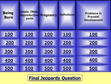 Final Jeopardy Question Being Born Female /Male Reproductive parts 500 Problems in Prenatal Development Pregnancy Definitions 100 200 300 400 500 400 300.