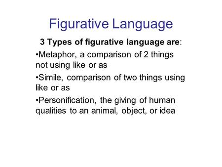 Figurative Language 3 Types of figurative language are: Metaphor, a comparison of 2 things not using like or as Simile, comparison of two things using.