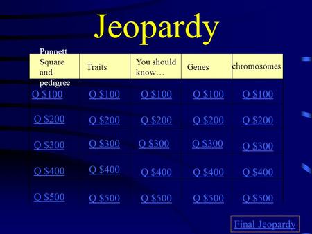 Jeopardy chromosomes Q $100 Q $100 Q $100 Q $100 Q $100 Q $200 Q $200
