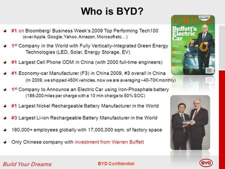 BYD Confidential Who is BYD? #1 on Bloomberg/ Business Weeks 2009 Top Performing Tech100 (over Apple, Google, Yahoo, Amazon, Microsoft etc…) 1 st Company.