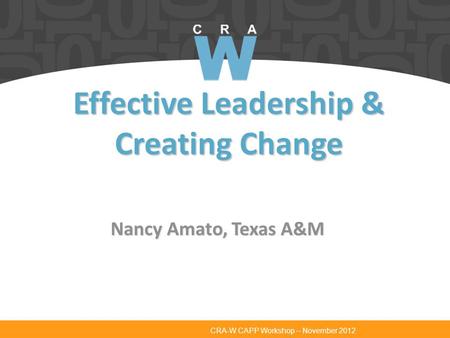 CRA-W CAPP Workshop – November 2012 Effective Leadership & Creating Change Nancy Amato, Texas A&M.