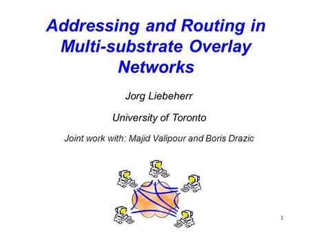 1 Addressing and Routing in Multi-substrate Overlay Networks Jorg Liebeherr University of Toronto Joint work with: Majid Valipour and Boris Drazic.