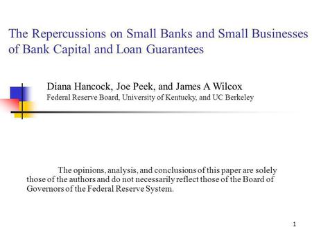 1 The Repercussions on Small Banks and Small Businesses of Bank Capital and Loan Guarantees The opinions, analysis, and conclusions of this paper are solely.