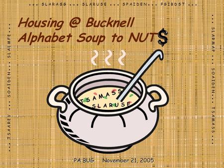 Bucknell Alphabet Soup to NUT S L A R A S G S L A R U S E S P A I D E N F G I B D S T PA BUG November 21, 2005 T S A A R E V S O A I D E N S.