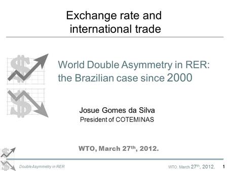 WTO, March 27 th, 2012. Double Asymmetry in RER 1 Exchange rate and international trade World Double Asymmetry in RER: the Brazilian case since 2000 Josue.