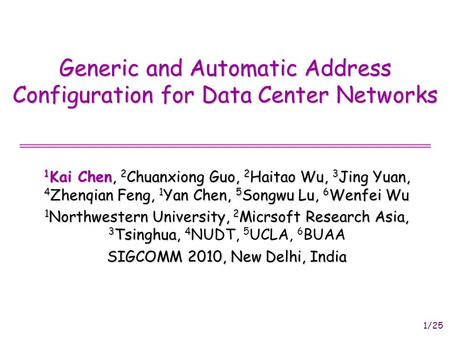 1/25 Generic and Automatic Address Configuration for Data Center Networks 1 Kai Chen, 2 Chuanxiong Guo, 2 Haitao Wu, 3 Jing Yuan, 4 Zhenqian Feng, 1 Yan.