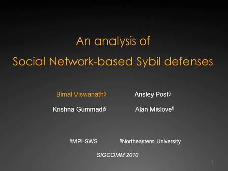 An analysis of Social Network-based Sybil defenses Bimal Viswanath § Ansley Post § Krishna Gummadi § Alan Mislove ¶ § MPI-SWS ¶ Northeastern University.