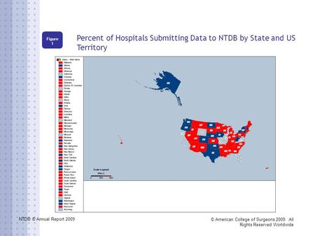 NTDB ® Annual Report 2009 © American College of Surgeons 2009. All Rights Reserved Worldwide Percent of Hospitals Submitting Data to NTDB by State and.