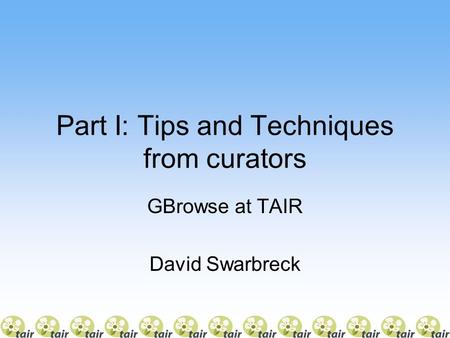 Part I: Tips and Techniques from curators GBrowse at TAIR David Swarbreck.