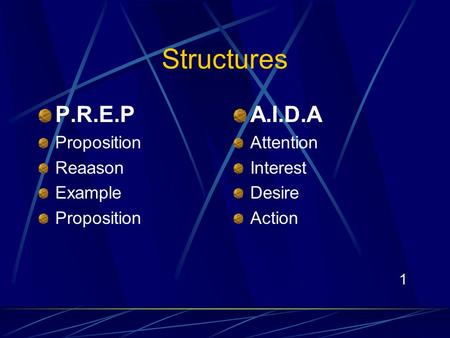 1 Structures P.R.E.P Proposition Reaason Example Proposition A.I.D.A Attention Interest Desire Action.