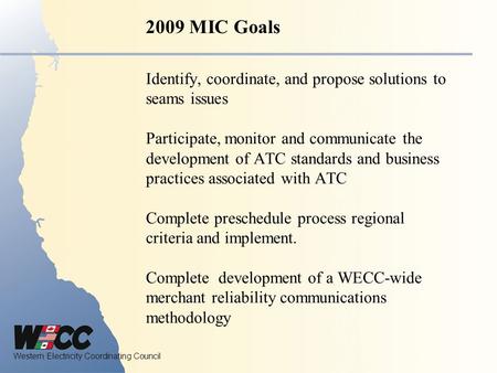Western Electricity Coordinating Council Identify, coordinate, and propose solutions to seams issues Participate, monitor and communicate the development.