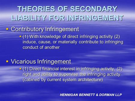 THEORIES OF SECONDARY LIABILITY FOR INFRINGEMENT Contributory Infringement Contributory Infringement (1) With knowledge of direct infringing activity (2)