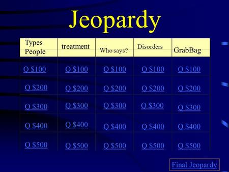 Jeopardy Types People treatment Who says? Disorders GrabBag Q $100 Q $200 Q $300 Q $400 Q $500 Q $100 Q $200 Q $300 Q $400 Q $500 Final Jeopardy.