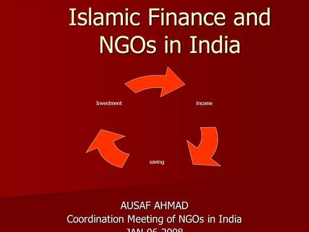 Islamic Finance and NGOs in India AUSAF AHMAD Coordination Meeting of NGOs in India JAN 06 2008 income saving Investment.