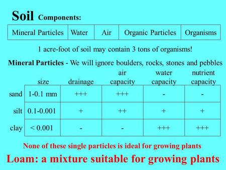 Soil Loam: a mixture suitable for growing plants Components: