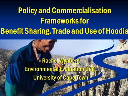 Policy and Commercialisation Frameworks for Benefit Sharing, Trade and Use of Hoodia Rachel Wynberg Environmental Evaluation Unit, University of Cape Town.