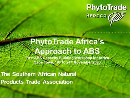PhytoTrade Africas Approach to ABS First ABS Capacity Building Workshop for Africa Cape Town, 19 th to 24 th November 2006.