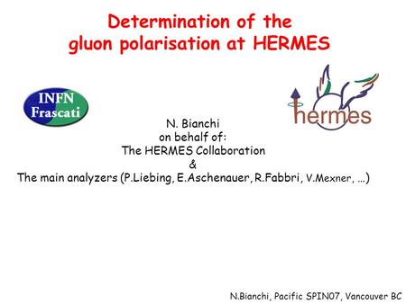 Determination of the gluon polarisation at HERMES N. Bianchi on behalf of: The HERMES Collaboration & The main analyzers (P.Liebing, E.Aschenauer, R.Fabbri,