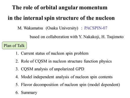 The role of orbital angular momentum in the internal spin structure of the nucleon based on collaboration with Y. Nakakoji, H. Tsujimoto 1. Current status.
