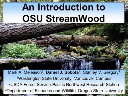 An Introduction to OSU StreamWood Mark A. Meleason 2, Daniel J. Sobota 1, Stanley V. Gregory 3 1 Washington State University, Vancouver Campus 2 USDA Forest.