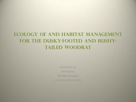 Ecology of and Habitat Management for the Dusky-Footed and Bushy- Tailed Woodrat Presented by Jim Heaney Wildlife Biologist Coos Bay District BLM.