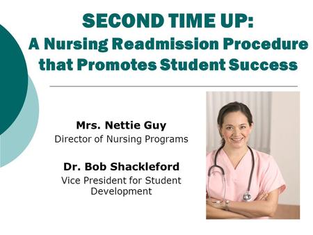 SECOND TIME UP: A Nursing Readmission Procedure that Promotes Student Success Mrs. Nettie Guy Director of Nursing Programs Dr. Bob Shackleford Vice President.