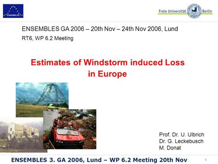 1 ENSEMBLES 3. GA 2006, Lund – WP 6.2 Meeting 20th Nov RT6, WP 6.2 Meeting Estimates of Windstorm induced Loss in Europe ENSEMBLES GA 2006 – 20th Nov –
