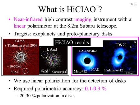What is HiCIAO ? Near-infrared high contrast imaging instrument with a linear polarimetor at the 8.2m Subaru telescope. Targets: exoplanets and proto-planetary.