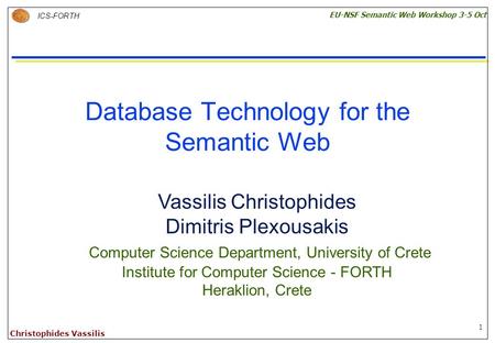 1 ICS-FORTH EU-NSF Semantic Web Workshop 3-5 Oct Christophides Vassilis Database Technology for the Semantic Web Vassilis Christophides Dimitris Plexousakis.
