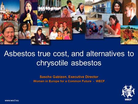 Asbestos true cost, and alternatives to chrysotile asbestos Sascha Gabizon, Executive Director Women in Europe for a Common Future - WECF www.wecf.eu.