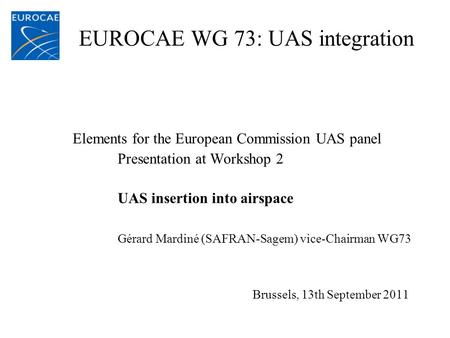 EUROCAE WG 73: UAS integration Elements for the European Commission UAS panel Presentation at Workshop 2 UAS insertion into airspace Gérard Mardiné (SAFRAN-Sagem)